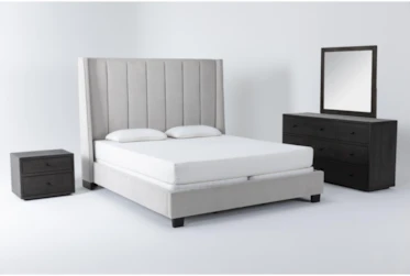 Topanga Grey 4 Piece California King Velvet Upholstered Bedroom Set With Dylan Dresser, Mirror + 2-Drawer Nightstand