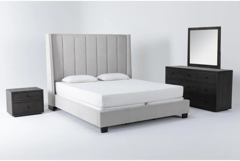 Topanga Grey California King Velvet Upholstered 4 Piece Bedroom Set With Dylan Dresser, Mirror + 2-Drawer Nightstand - 360