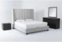 Topanga Grey 4 Piece California King Velvet Upholstered Bedroom Set With Dylan Dresser, Mirror + 2-Drawer Nightstand - Signature