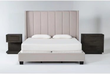 Topanga Grey 3 Piece California King Velvet Upholstered Bedroom Set With Pierce Espresso 3-Drawer Nightstand + 1-Drawer Nightstand