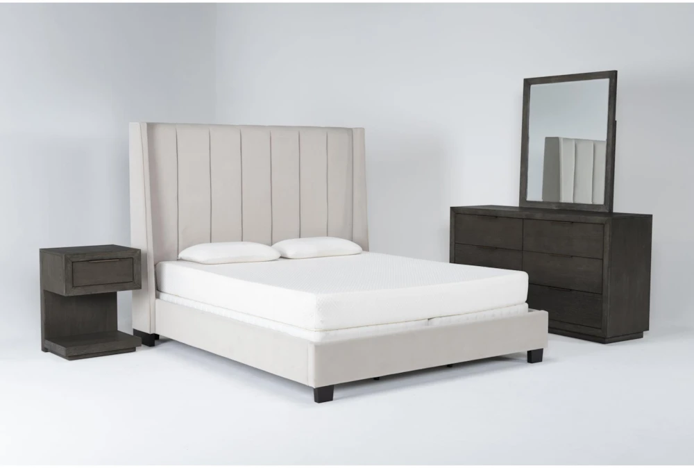 Topanga Grey 4 Piece California King Velvet Upholstered Bedroom Set With Pierce Espresso Dresser, Mirror + 1-Drawer Nightstand