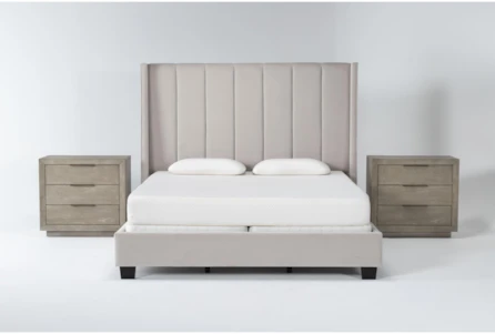 Topanga Grey California King Velvet Upholstered 3 Piece Bedroom Set With 2 Pierce Natural 3-Drawer Nightstands
