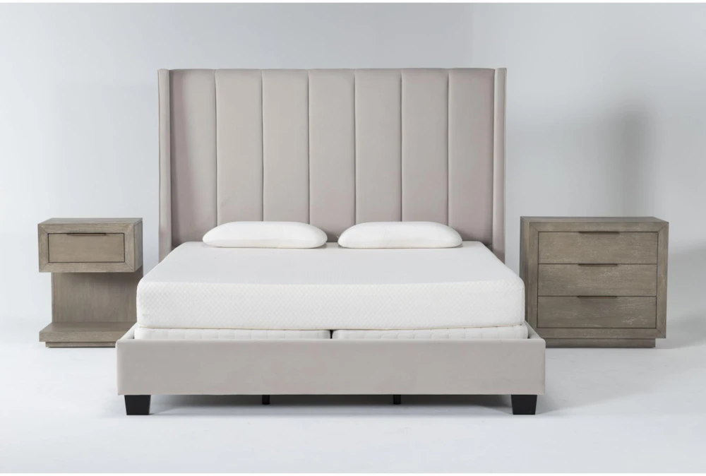 Topanga Grey 3 Piece California King Velvet Upholstered Bedroom Set With Pierce Natural 3-Drawer Nightstand + 1-Drawer Nightstand