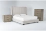 Topanga Grey 3 Piece California King Velvet Upholstered Bedroom Set With Pierce Natural Chest Of Drawers + 3-Drawer Nightstand - Signature