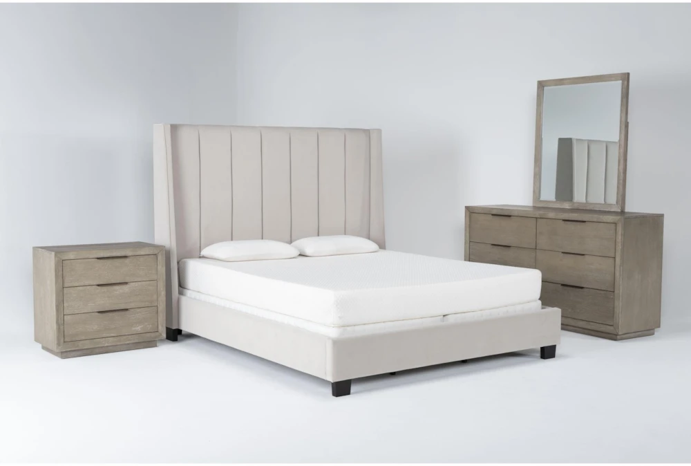 Topanga Grey California King Velvet Upholstered 4 Piece Bedroom Set With Pierce Natural Dresser, Mirror + 3-Drawer Nightstand