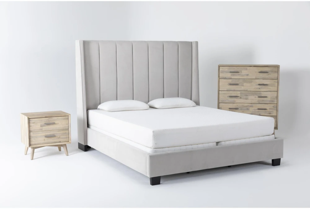 Topanga Grey King Velvet Upholstered 3 Piece Bedroom Set With Allen Chest Of Drawers + Nightstand