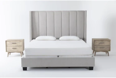 Topanga Grey 3 Piece Eastern King Velvet Upholstered Bedroom Set With 2 Allen Nightstands