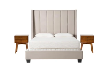 Topanga Grey 3 Piece Eastern King Velvet Upholstered Bedroom Set With 2 Alton Cherry Night Tables