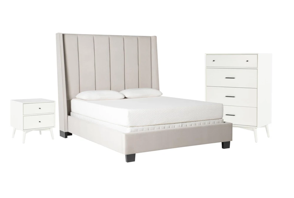 Topanga Grey King Velvet Upholstered 3 Piece Bedroom Set With Alton White II Chest Of Drawers + Nightstand