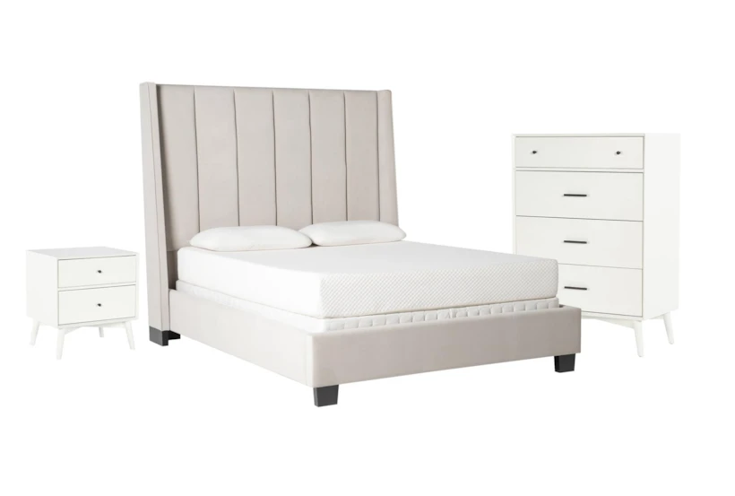Topanga Grey King Velvet Upholstered 3 Piece Bedroom Set With Alton White II Chest Of Drawers + Nightstand - 360