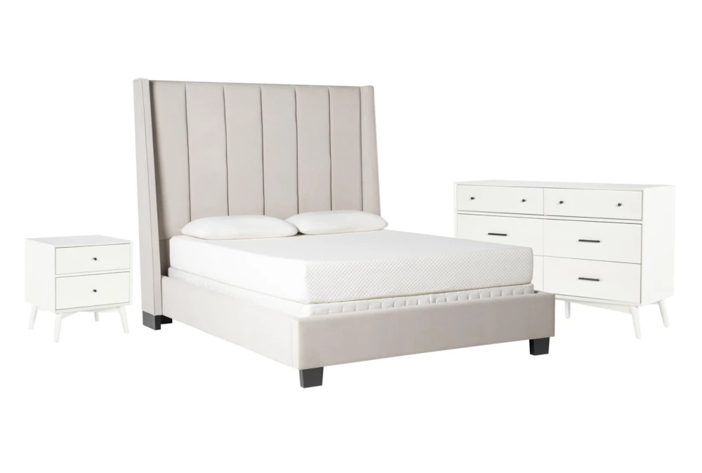 Topanga Grey King Velvet Upholstered 3 Piece Bedroom Set With Alton White II Dresser + Nightstand