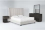 Topanga Grey King Velvet Upholstered 4 Piece Bedroom Set With Pierce Espresso Dresser, Mirror + 1-Drawer Nightstand - Signature