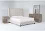 Topanga Grey 4 Piece Eastern King Velvet Upholstered Bedroom Set With Pierce Natural Dresser, Mirror + 1-Drawer Nightstand - Signature