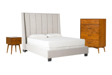 Topanga Grey Queen Velvet Upholstered 3 Piece Bedroom Set With Alton Cherry Chest Of Drawers + Night Table