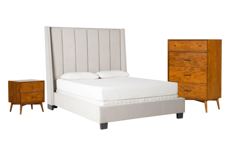 Topanga Grey Queen Velvet Upholstered 3 Piece Bedroom Set With Alton Cherry Chest Of Drawers + Nightstand - 360