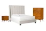 Topanga Grey Queen Velvet Upholstered 3 Piece Bedroom Set With Alton Cherry Chest Of Drawers + Nightstand - Signature