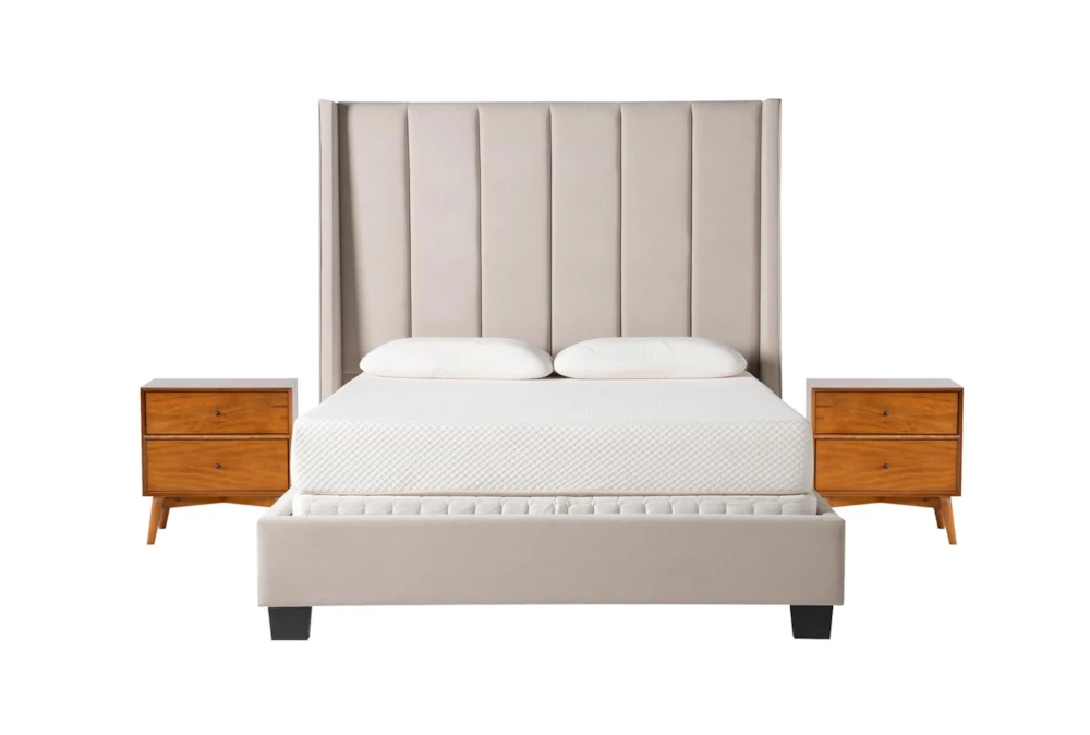 Topanga Grey Queen Velvet Upholstered 3 Piece Bedroom Set With 2 Alton Cherry Nightstands