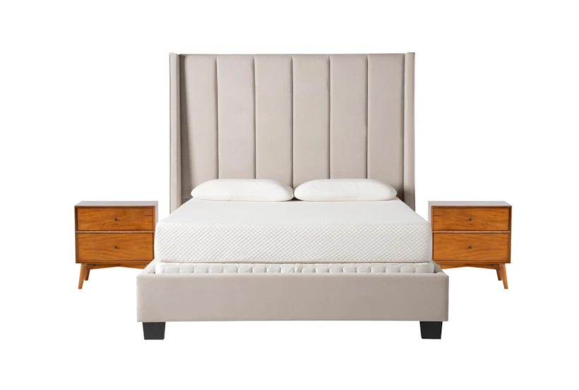 Topanga Grey Queen Velvet Upholstered 3 Piece Bedroom Set With 2 Alton Cherry Nightstands - 360