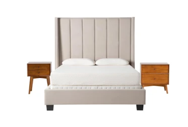 Topanga Grey 3 Piece Queen Velvet Upholstered Bedroom Set With Alton Cherry Nightstand + Night Table