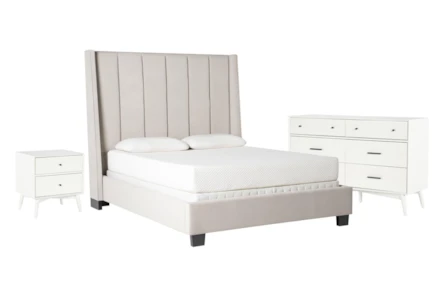 Topanga Grey 3 Piece Queen Velvet Upholstered Bedroom Set With Alton White II Dresser + Nightstand