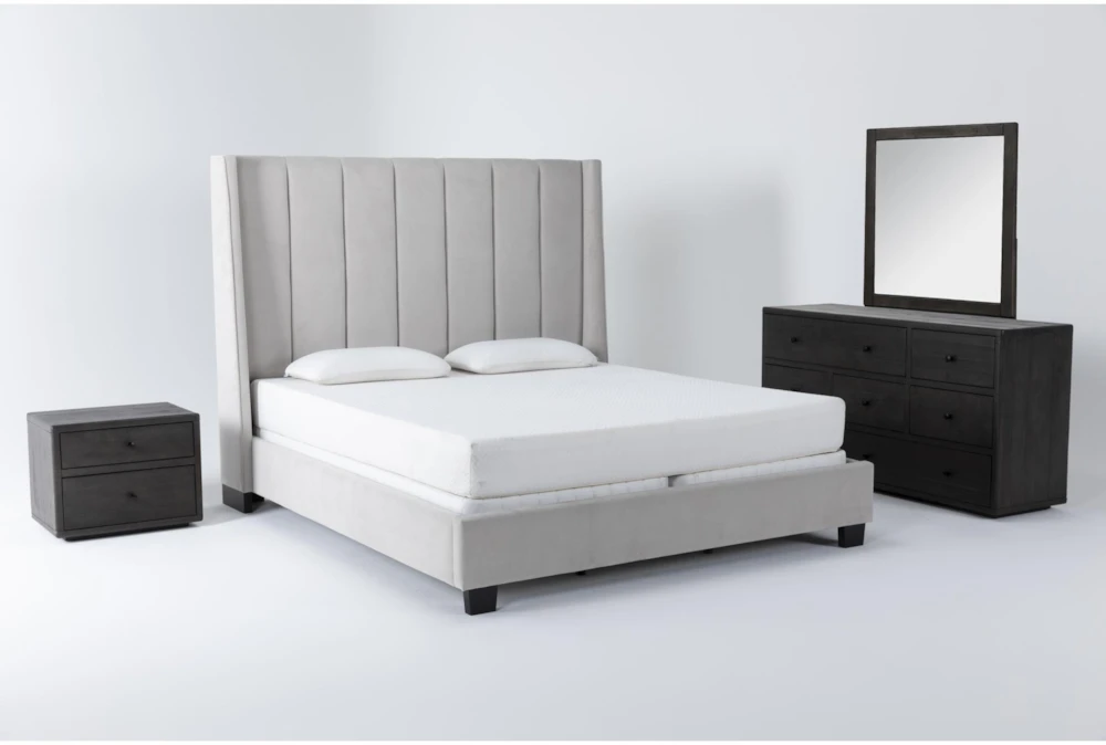 Topanga Grey Queen Velvet Upholstered 4 Piece Bedroom Set With Dylan Dresser, Mirror + 2-Drawer Nightstand