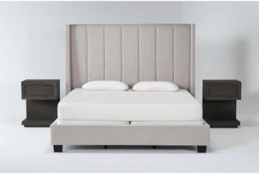 Topanga Grey 3 Piece Queen Velvet Upholstered Bedroom Set With 2 Pierce Espresso 1-Drawer Nightstands