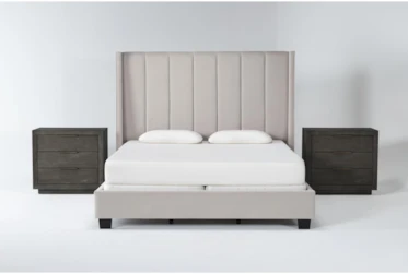 Topanga Grey 3 Piece Queen Velvet Upholstered Bedroom Set With 2 Pierce Espresso 3-Drawer Nightstands