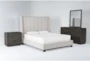 Topanga Grey 4 Piece Queen Velvet Upholstered Bedroom Set With Pierce Espresso Dresser, Mirror + 3-Drawer Nightstand - Signature