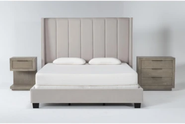 Topanga Grey 3 Piece Queen Velvet Upholstered Bedroom Set With Pierce Natural 3-Drawer Nightstand + 1-Drawer Nightstand