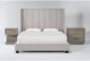 Topanga Grey 3 Piece Queen Velvet Upholstered Bedroom Set With Pierce Natural 3-Drawer Nightstand + 1-Drawer Nightstand - Signature