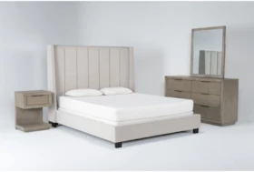 Topanga Grey 4 Piece Queen Velvet Upholstered Bedroom Set With Pierce Natural Dresser, Mirror + 1-Drawer Nightstand