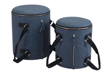 Blue Storage Ottoman Set Of 2 With Carrying Straps