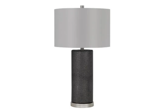 27 Inch Black Faux Shagreen Column Table Lamp With Grey Drum Shade