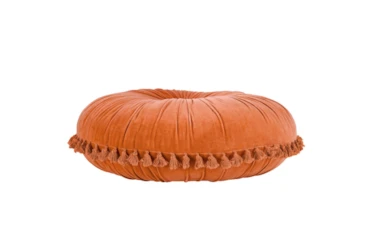 26X26 Amberglow Orange Cotton Velvet Round Floor Cushion Pillow With Tassel Edge