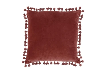 18X18 Brick Red Cotton Velvet Throw Pillow With Tassel Edge