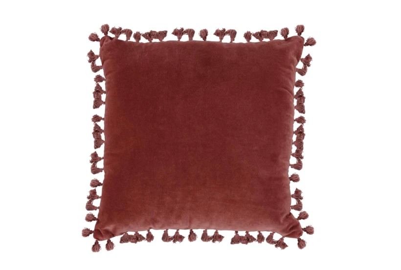 18X18 Brick Red Cotton Velvet Throw Pillow With Tassel Edge - 360