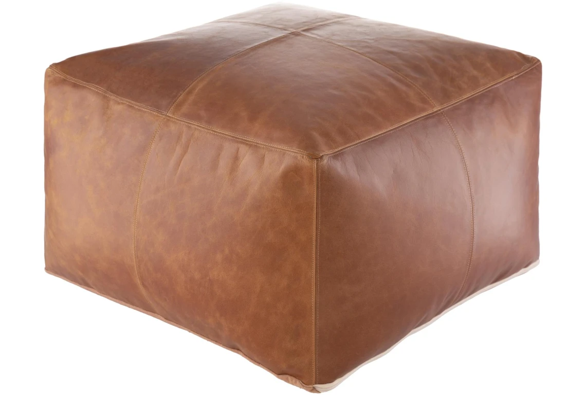 22x22 Brown Leather Square Pouf Ottoman, Square Leather Pouf