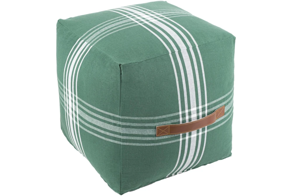 16X16 Green and White Plaid Cube Pouf With Cognac Leather Handle
