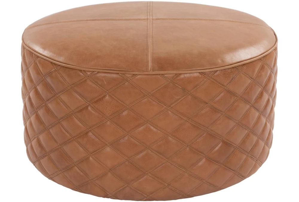 28 Diameter Round Camel Leather Quilted Pouf Ottoman