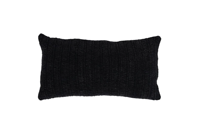 14X26 Black Stonewashed Flax Linen Woven Lumbar Throw Pillow - 360