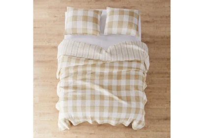 Full/Queen Quilt-3 Piece Set Reversible Farmhouse Buffalo Plaid To Stripe Taupe - Detail