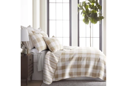 Full/Queen Quilt-3 Piece Set Reversible Farmhouse Buffalo Plaid To Stripe Taupe - Room
