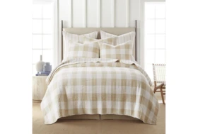 Full/Queen Quilt-3 Piece Set Reversible Farmhouse Buffalo Plaid To Stripe Taupe