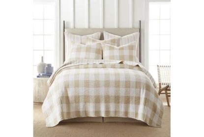 Full/Queen Quilt-3 Piece Set Reversible Farmhouse Buffalo Plaid To Stripe Taupe - Signature