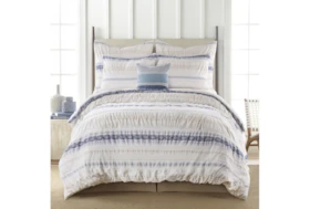 King Comforter-3 Piece Set Tribal Woven Stripe & Ruching White/Blue