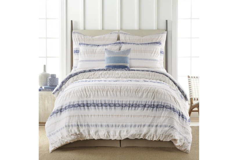 King Comforter-3 Piece Set Tribal Woven Stripe & Ruching White/Blue - 360
