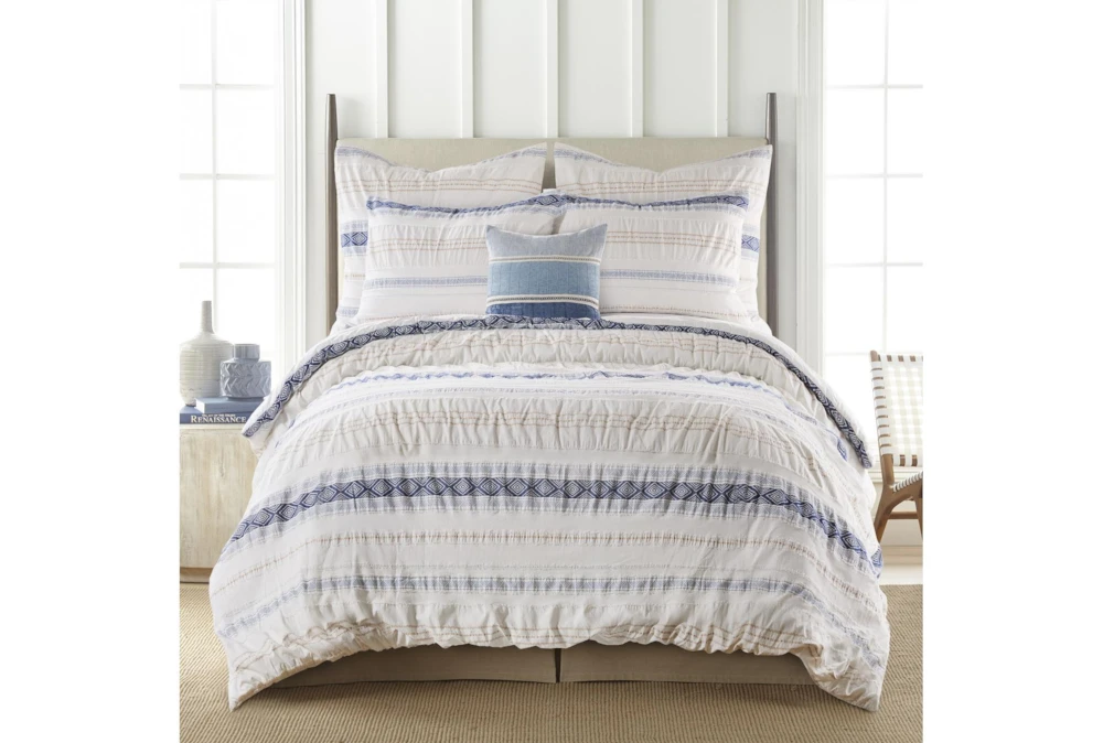Queen Comforter-3 Piece Set Tribal Woven Stripe & Ruching White/Blue