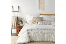 King Comforter-3 Piece Set Tribal Woven Stripe & Ruching White/Grey
