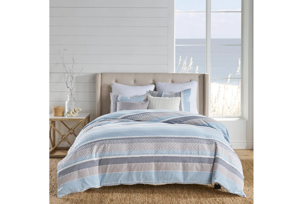 King Duvet- 3 Piece Set Stripes W/ Knot And Fray Detailing Blue/Grey