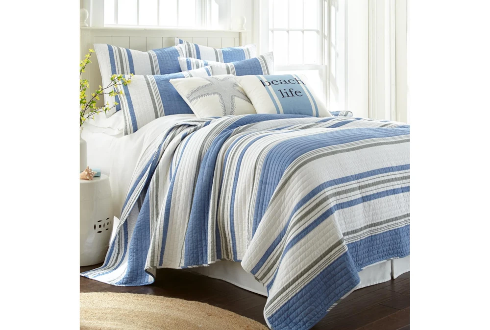 King Quilt-3 Piece Set Reversible Blue, Grey, And White Stripes